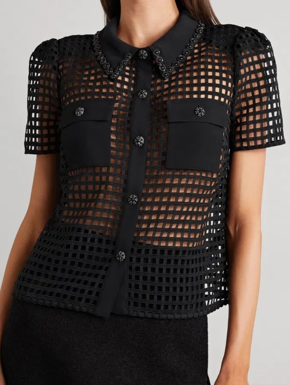 Self-Portrait Black Grid Lace Top Embellished Puff Sleeves Edgy Modern Chic